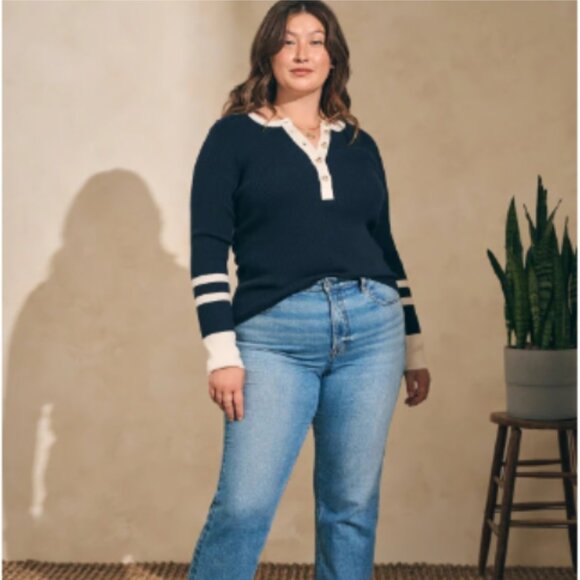 Faherty Mikki Henley Top | Navy & Cream | EUC | XL - Picture 3 of 11